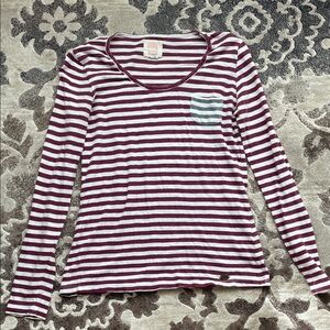 Quiksilver Burgundy and White Striped Long-Sleeve Scoop Neck Top